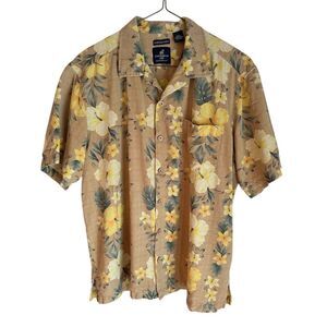 Caribbean Joe Men's XL Floral Silk Hawaiian Shirt‎ Short Sleeve Casual Tan